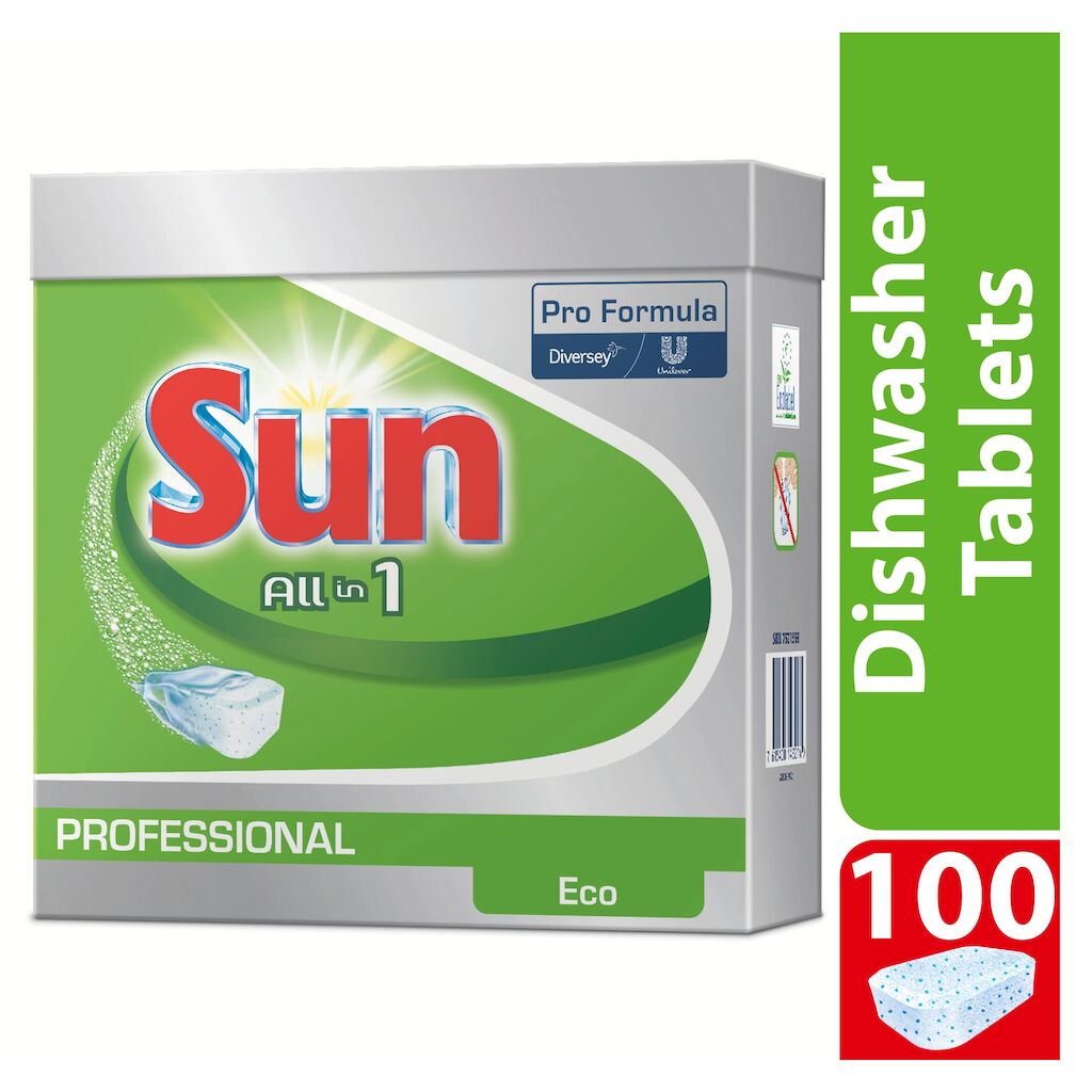 Sun Pro Formula All in 1 Eco Tablets 5x100pc - EU ecolabel diswasher tablets all in1, with built in rinse aid and salt function, suitable for household and professional 1-5min cycle dishwashers.